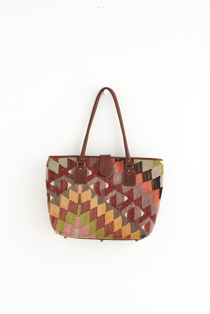 Multi coloured large kilim and leather handbag back