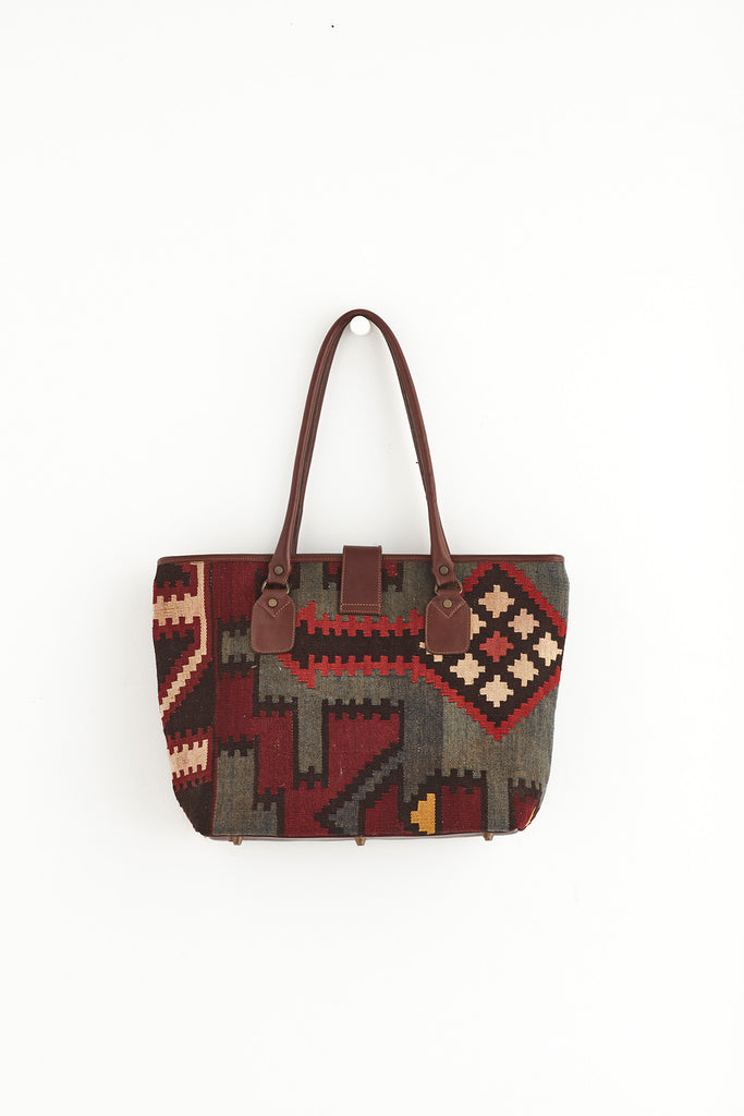 Multi coloured large kilim and leather handbag front