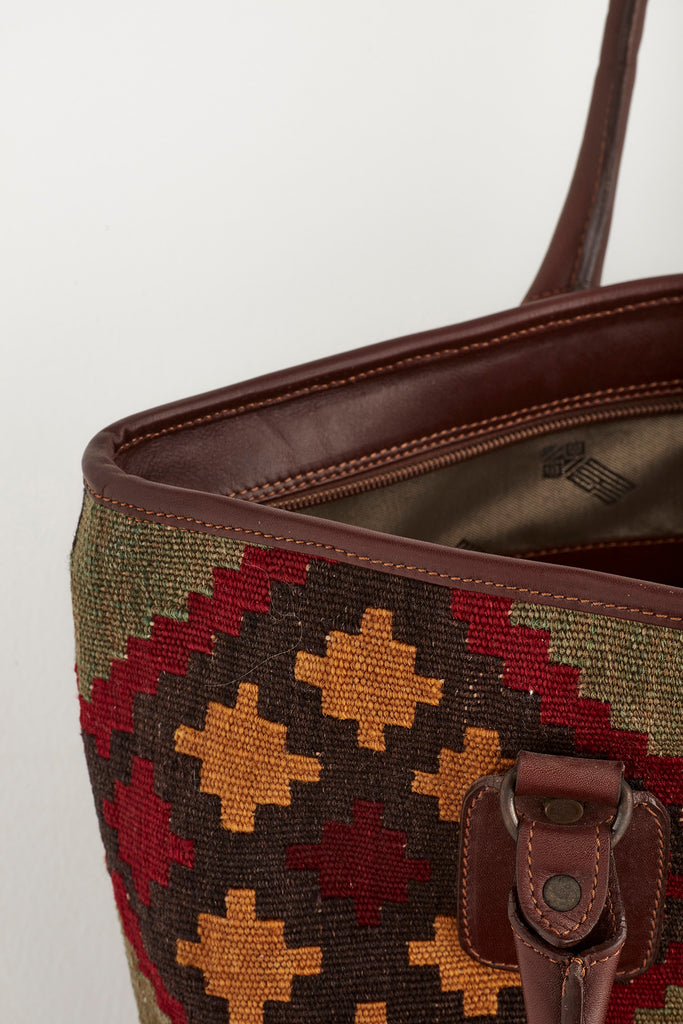 Multi coloured large kilim and leather handbag zipper detail
