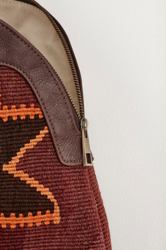 Multi coloured large kilim and leather handbag zipper detail