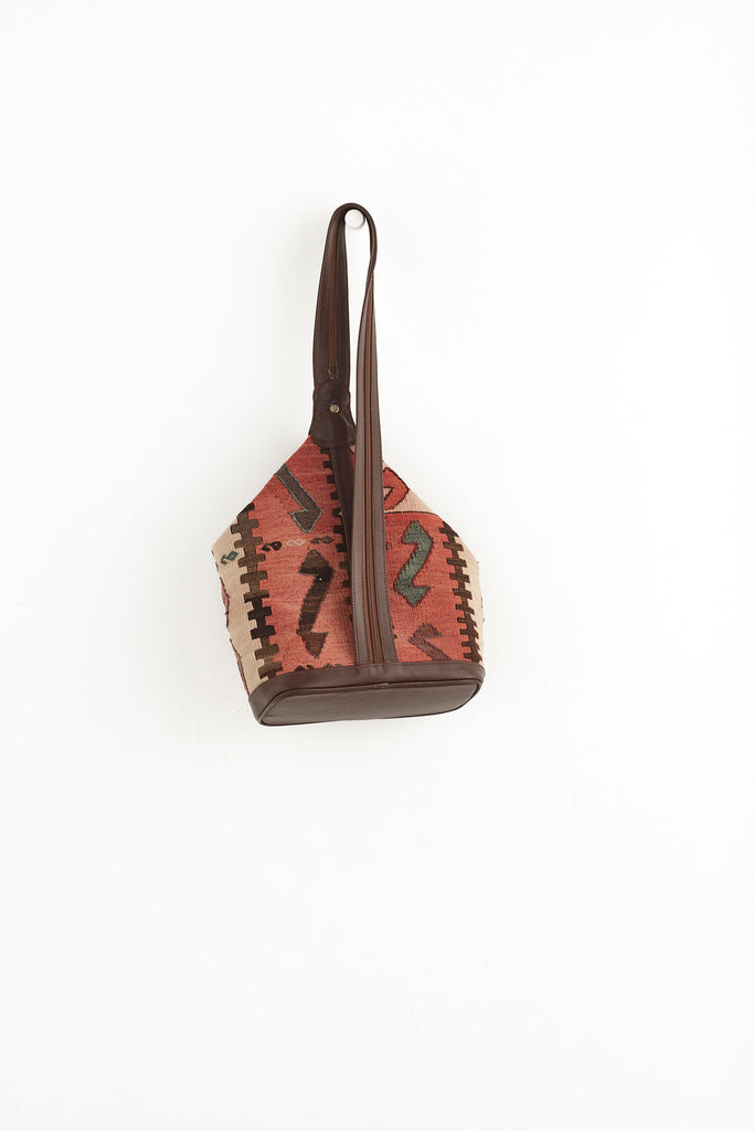 Cream, red and brown kilim and leather convertible backpack handbag back