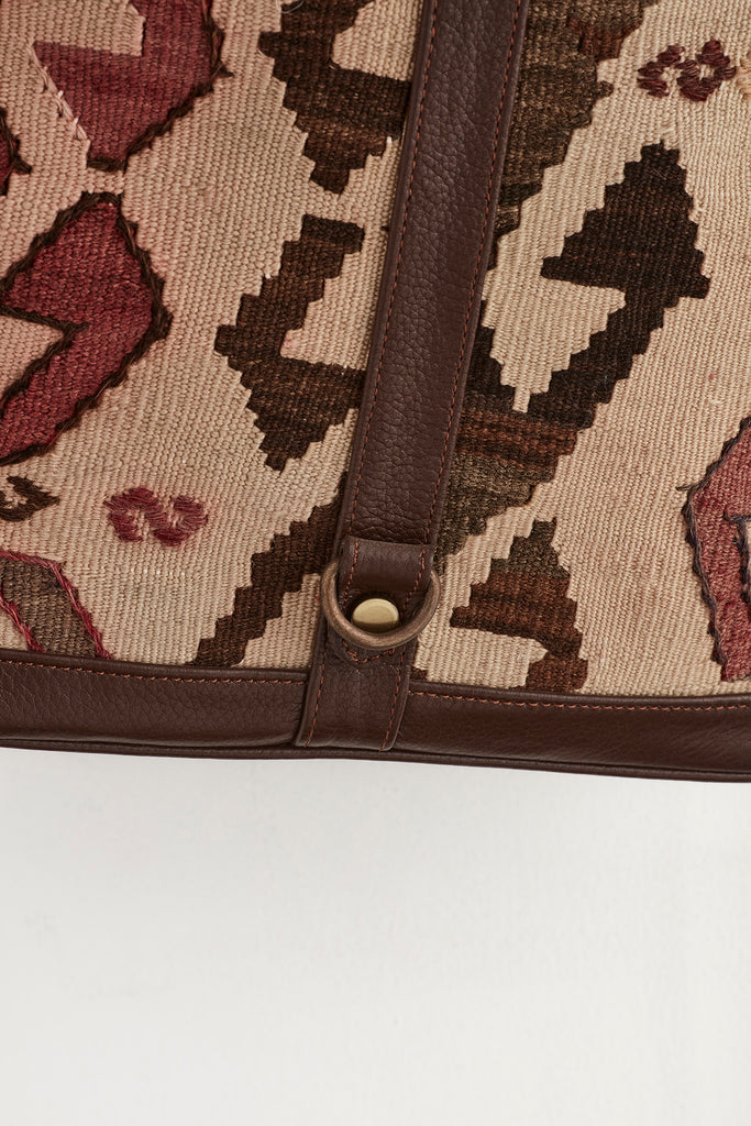 Cream, red and brown kilim and leather convertible backpack handbag leather detail