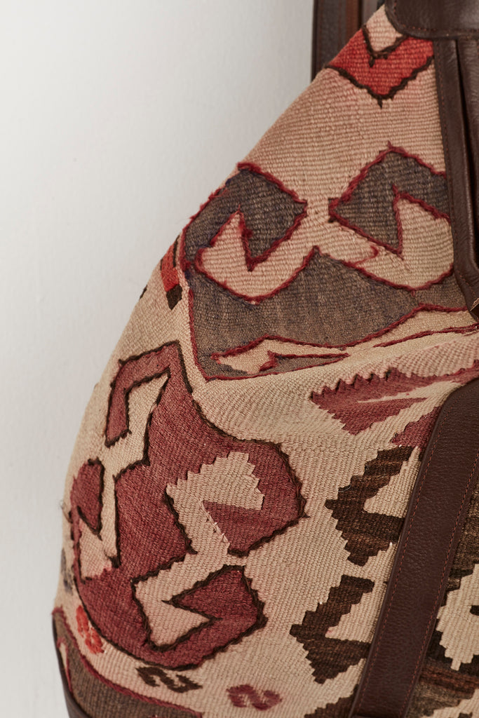 Cream, red and brown kilim and leather convertible backpack handbag colour detail